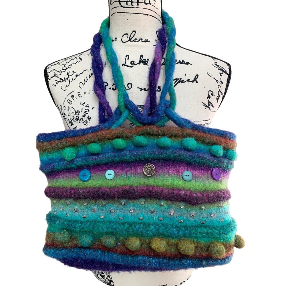Knitted Felted Wool Multicolor Shoulder Bag With Buttons and Bling Open Tote